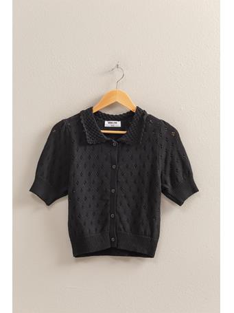 DOUBLE ZERO - Cute Pointelle Open Knit Puff Sleeve Top BLACK