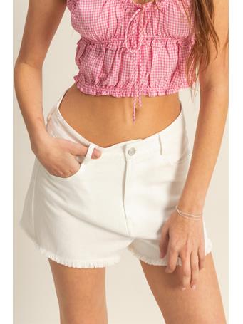 HYFVE - Washed Denim Frayed Hem High-Waist Shorts WHITE