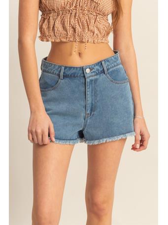 HYFVE - Washed Denim Frayed Hem High-Waist Shorts DENIM