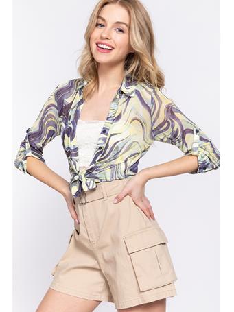 ACTIVE BASIC - Roll Up Sleeve Print Mesh Shirt NAVY/YELLOW