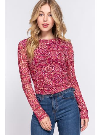 ACTIVE BASIC - Long Sleeve Ruched Print Mesh Top BURGANDY/PEACH