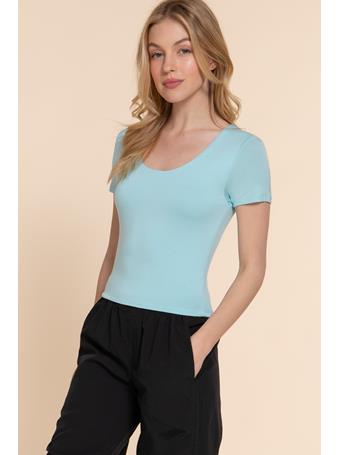 ACTIVE BASIC - Short Sleeve Scoop Neck Double Layer Knit Top ICE BLUE