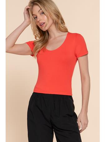 ACTIVE BASIC - Short Sleeve Scoop Neck Double Layer Knit Top CORAL
