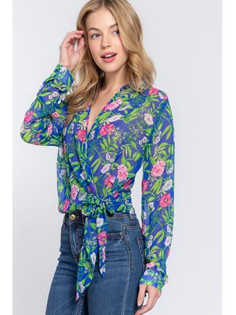 ACTIVE BASIC - Surplice Floral Print Chiffon Blouse ROYAL