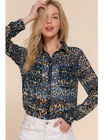 ACTIVE BASIC - Long Sleeve Animal Print Chiffon Top BLUE/MUSTARD