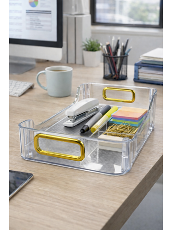 CONTAINED - Acrylic Storage Box With Gold Rimmed Handles CLEAR