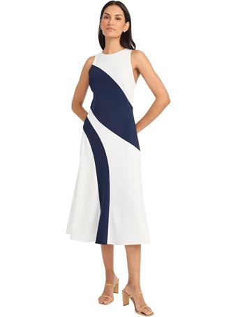 MAGGY LONDON - Sleeveless Wave Print Dress NAVY/WHT