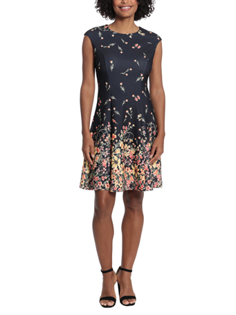 LONDON TIMES - Floral Cap-Sleeve A-Line Dress BLK GOLD