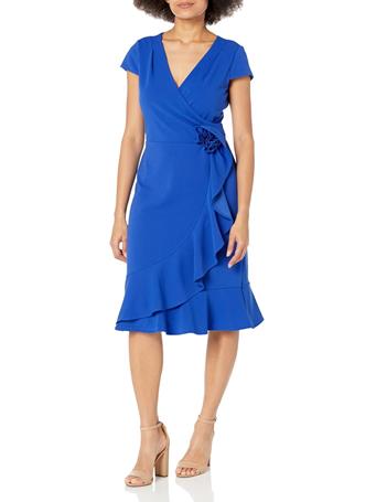 LONDON TIMES - V-Neck Faux Wrap Dress COBALT