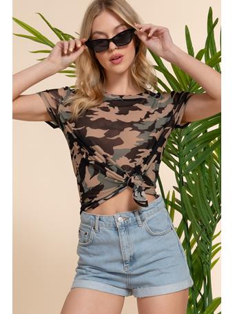 ACTIVE BASIC - Knotted Camo Print Mesh Short Sleeve Top BLACK/KHAKI