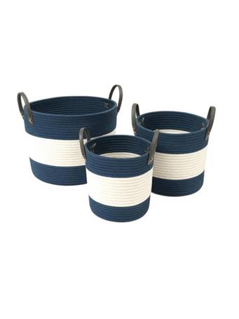MARINER HOME - Striped Cotton Drum Shaped Basket With Handles NAVY+WHITE