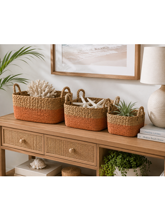 MARINER HOME - Paper and Straw Square Storage Basket CORAL