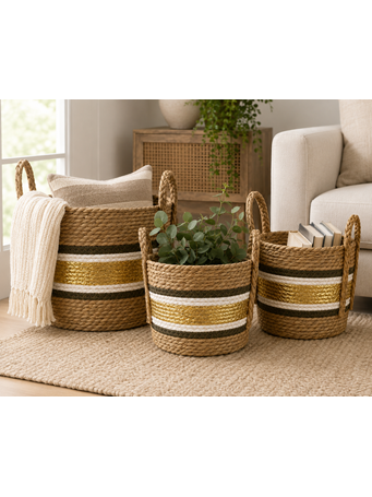 TOWNHOUSE - Straw And Corn Husk Lurex Striped Basket NATURAL + GOLDEN