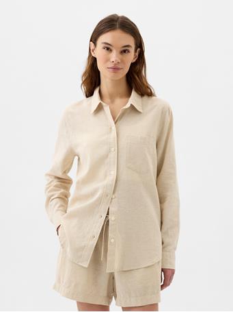 GAP - Linen-Blend Easy Shirt KHAKI STRIPE