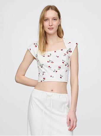 GAP - Linen-Blend Cap-Sleeve Cropped Top CHERRY PRINT