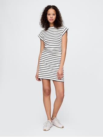 GAP - Modern Rib Ruched Mini Dress BLACK WHITE STRIPE