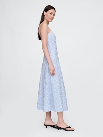 GAP - Eyelet V-Neck Midi Dress BLUE STRIPE