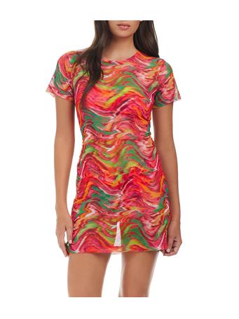 SANCTUARY CLOTHING - Reading Between The Lines Printed Mesh Crew Neck Short Sleeve Sheath Dress Swim MULTI