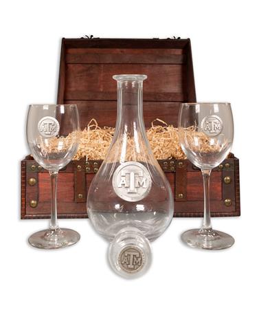 Texas A&M Heritage Pewter Dark Wood Wine Decanter Chest Set