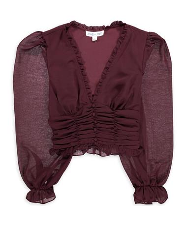 Wine Long Sleeve Ruched V-Neck Top