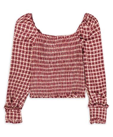 Smocked Long Sleeve Checkered Blouse