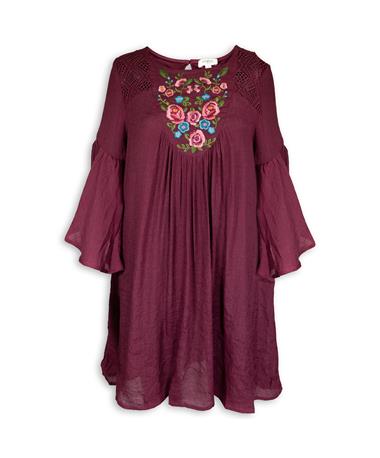 Maroon Yoke Bell Sleeve Floral Embroidered Dress