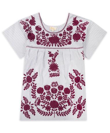 White Stripe and Maroon Floral Embroidery Top