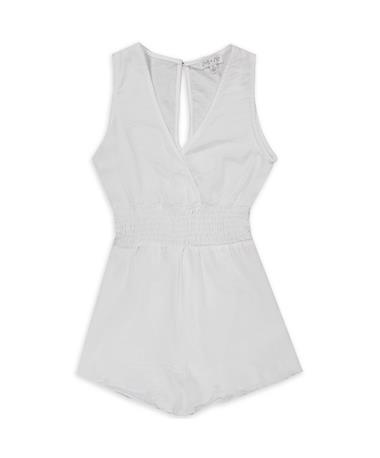Woven White Romper With A Smocked Waistband