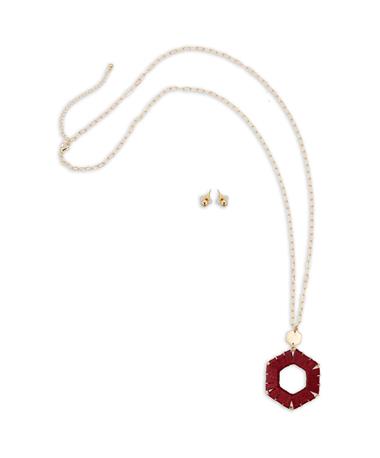 Maroon And Gold Hexagon Necklace With Gold Studs