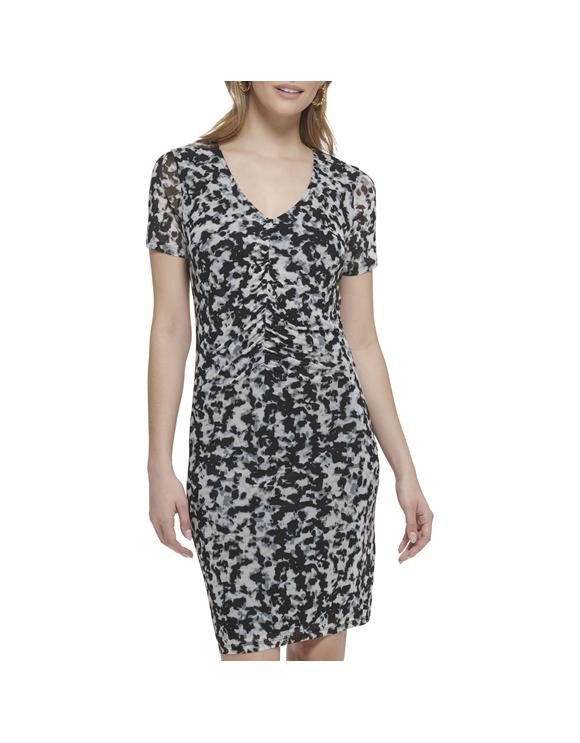CALVIN KLEIN - Short Sleeve Print Mesh Cinche Front Dress BLK MULTI |  Gibbons