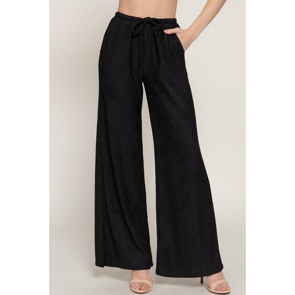 DRAWSTRING CRINKLE KNIT LONG PANTS BLACK | Gibbons