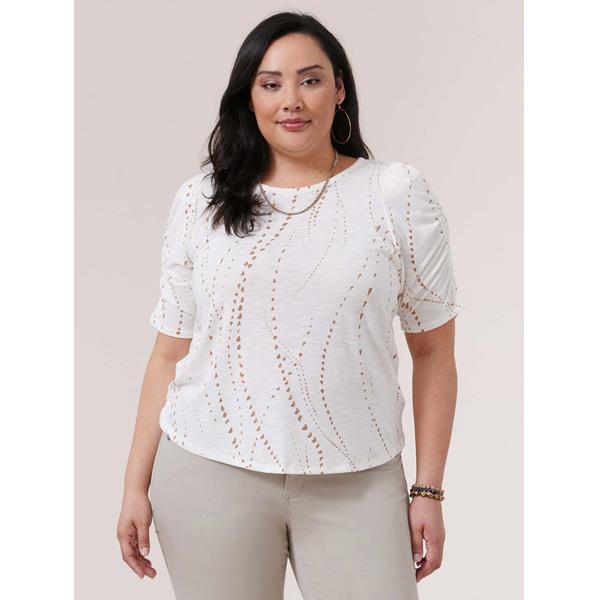 RUCHED ELBOW SLEEVE SCOOP NECK BACK KEYH Off White/Taupe | Gibbons