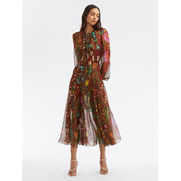 Long Sleeve Floral Tapestry Chiffon Dress | Dresses | Oscar de la Renta ...