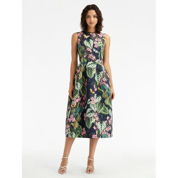 Mixed Botanical Faille Midi Dress | Dresses | Oscar de la Renta Navy ...