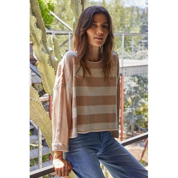 LIGHTWEIGHT OFF SHOULDER STRIPE SWEATER BEIGE IVORY | South Moon Under
