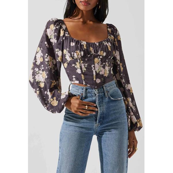 Penny Mocha Floral Shirred Square Neck Top