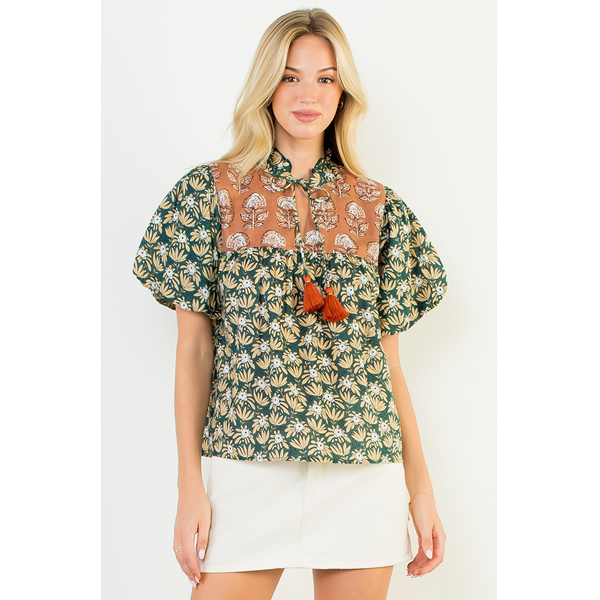 Puff Sleeve Printed Combo Blouse
