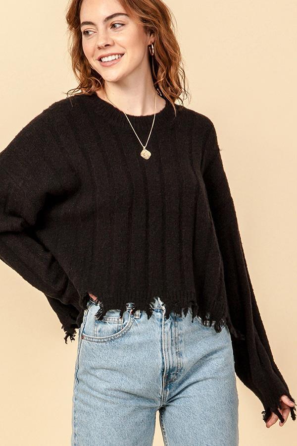FRAYED SWEATER BLACK | Gibbons