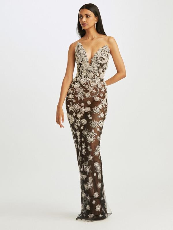 Strapless V Neck Crystal Embroidered Gown