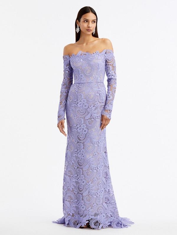 Corded Scroll Guipure Off Shoulder Gown