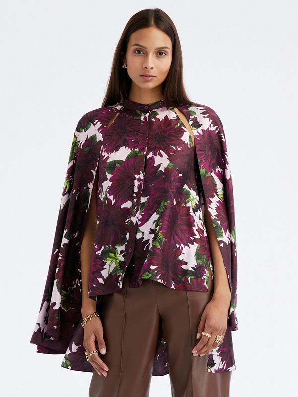 OSCAR DE LA RENTA DAHLIA SILK TWILL DRAPE DETAIL BLOUSE