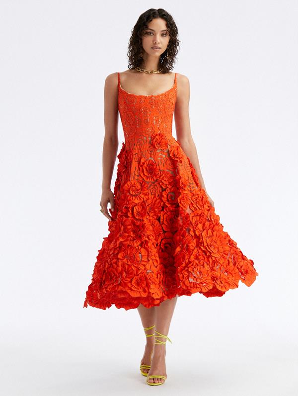 Rosette Embroidered Faille Cocktail Dress