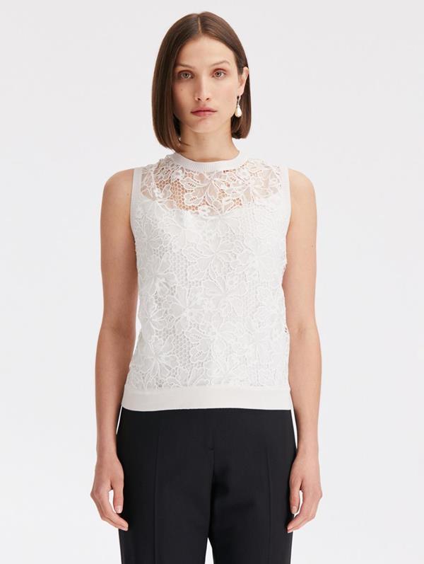 Shop Oscar De La Renta Chantilly Lace Guipure Inset Tank In White