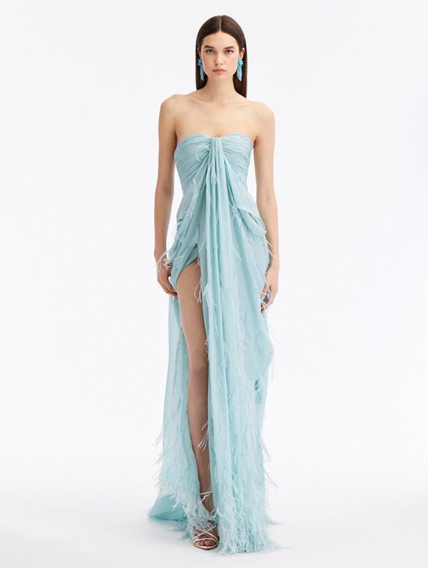 Off Shoulder Draped Feather Embroidered Gown
