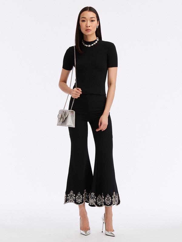 Oscar De La Renta Crystal-embroidered Cropped Flared Trousers In Black
