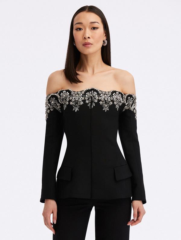 Off Shoulder Crystal Scallop Embroidered Jacket