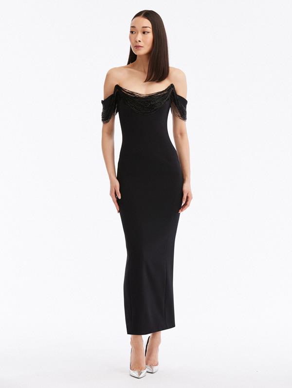 Draped Bugle Bead Pencil Dress | Dresses | Oscar de la Renta BLACK ...
