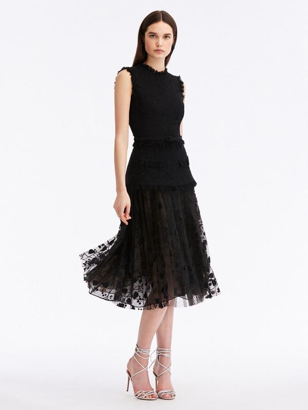Ribbon Tweed & Velvet Guipure Dress