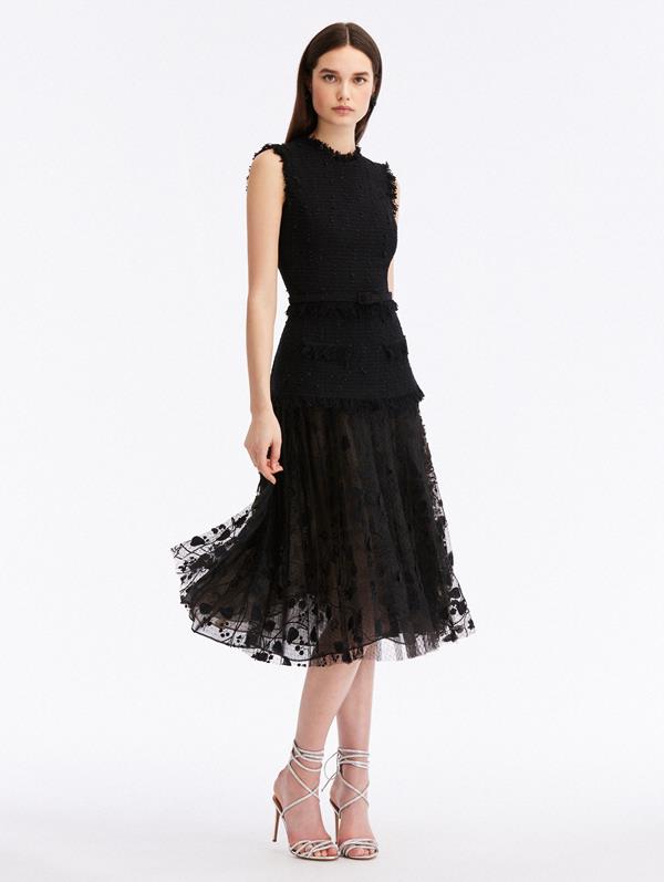 OSCAR DE LA RENTA RIBBON TWEED & VELVET GUIPURE DRESS