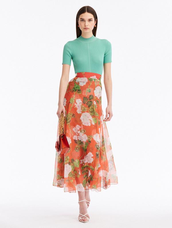 OSCAR DE LA RENTA GERANIUM SILK CHIFFON MAXI SKIRT